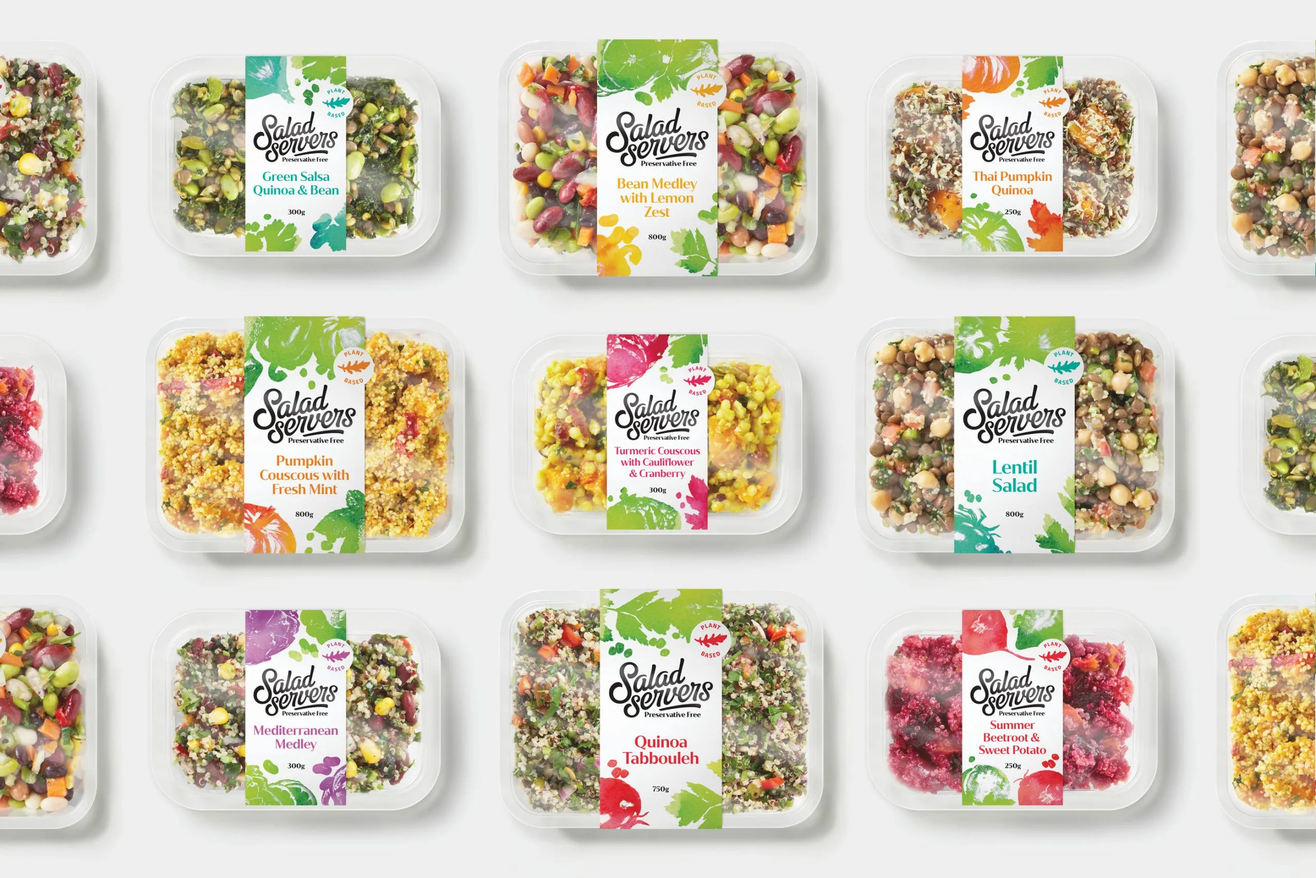 The Salad Servers plant-based retail range laid out in a grid: quinoa, bean, couscous, lentil and beetroot salads