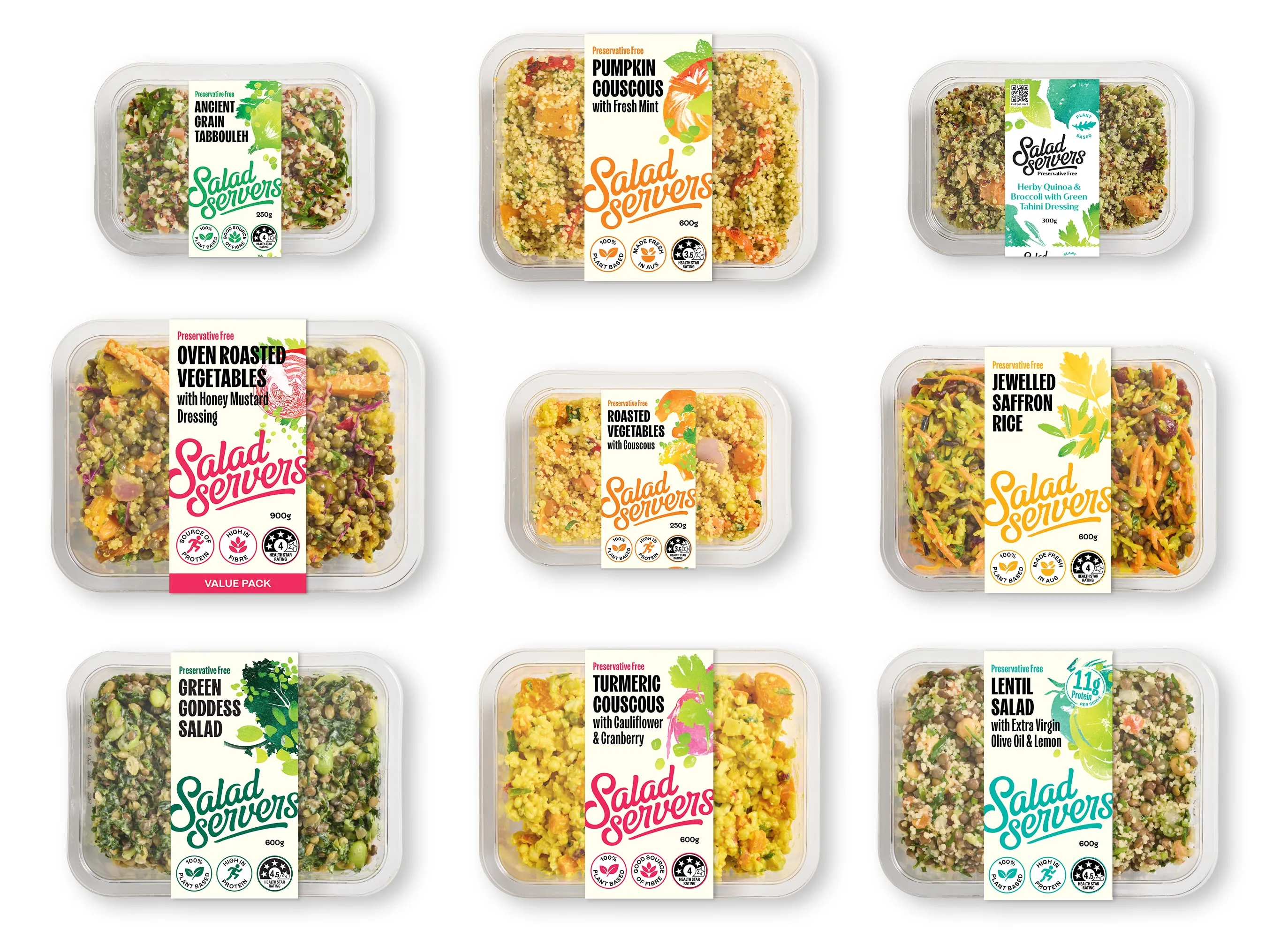The Salad Servers retail range in its current packaging: tabbouleh, couscous, roasted vegetable, saffron rice, green goddess and lentil salads