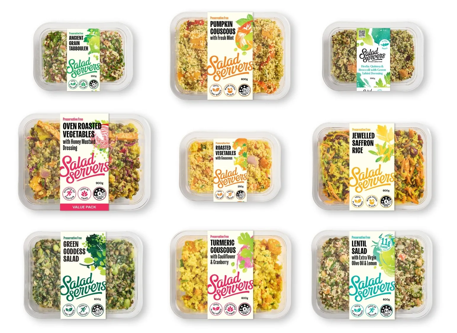 The Salad Servers retail range in its current packaging: tabbouleh, couscous, roasted vegetable, saffron rice, green goddess and lentil salads