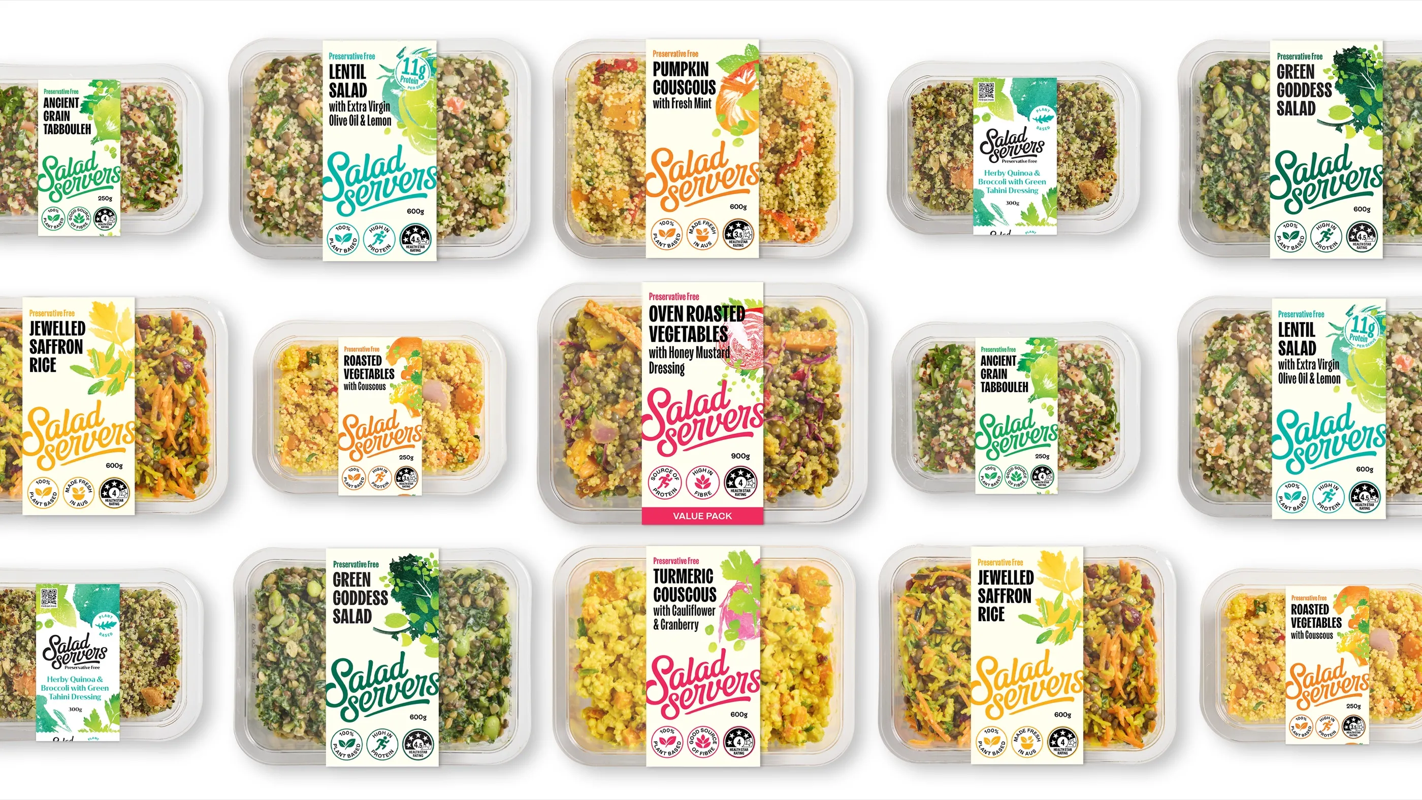 Rows of Salad Servers retail packs in their current packaging: lentil, green goddess, ancient grain tabbouleh, pumpkin couscous, jewelled saffron rice, roasted vegetables, turmeric couscous and herby quinoa salads