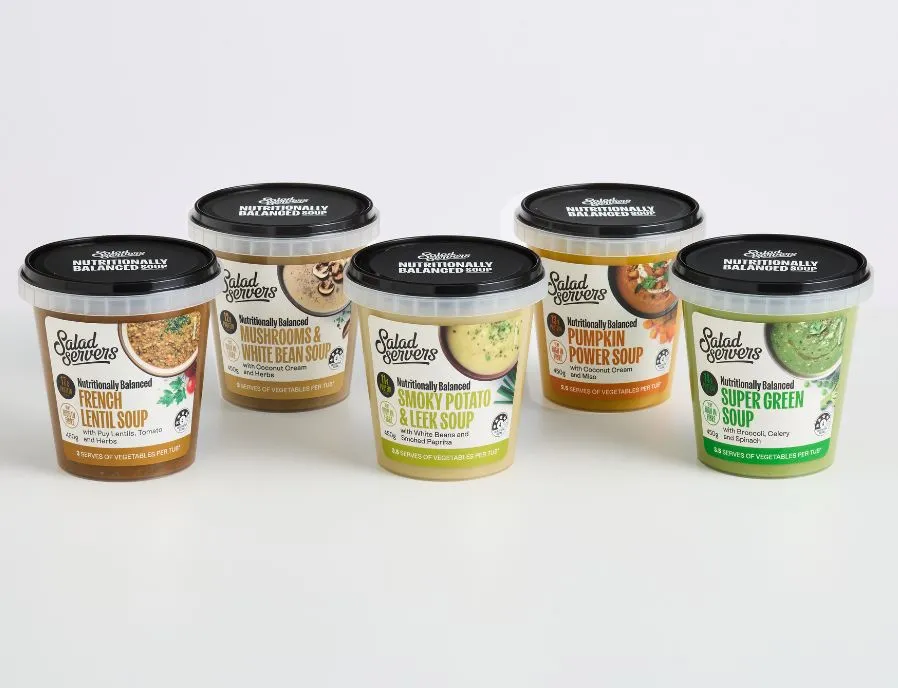 Five Salad Servers single serve soup tubs including French Lentil and Pumpkin Power