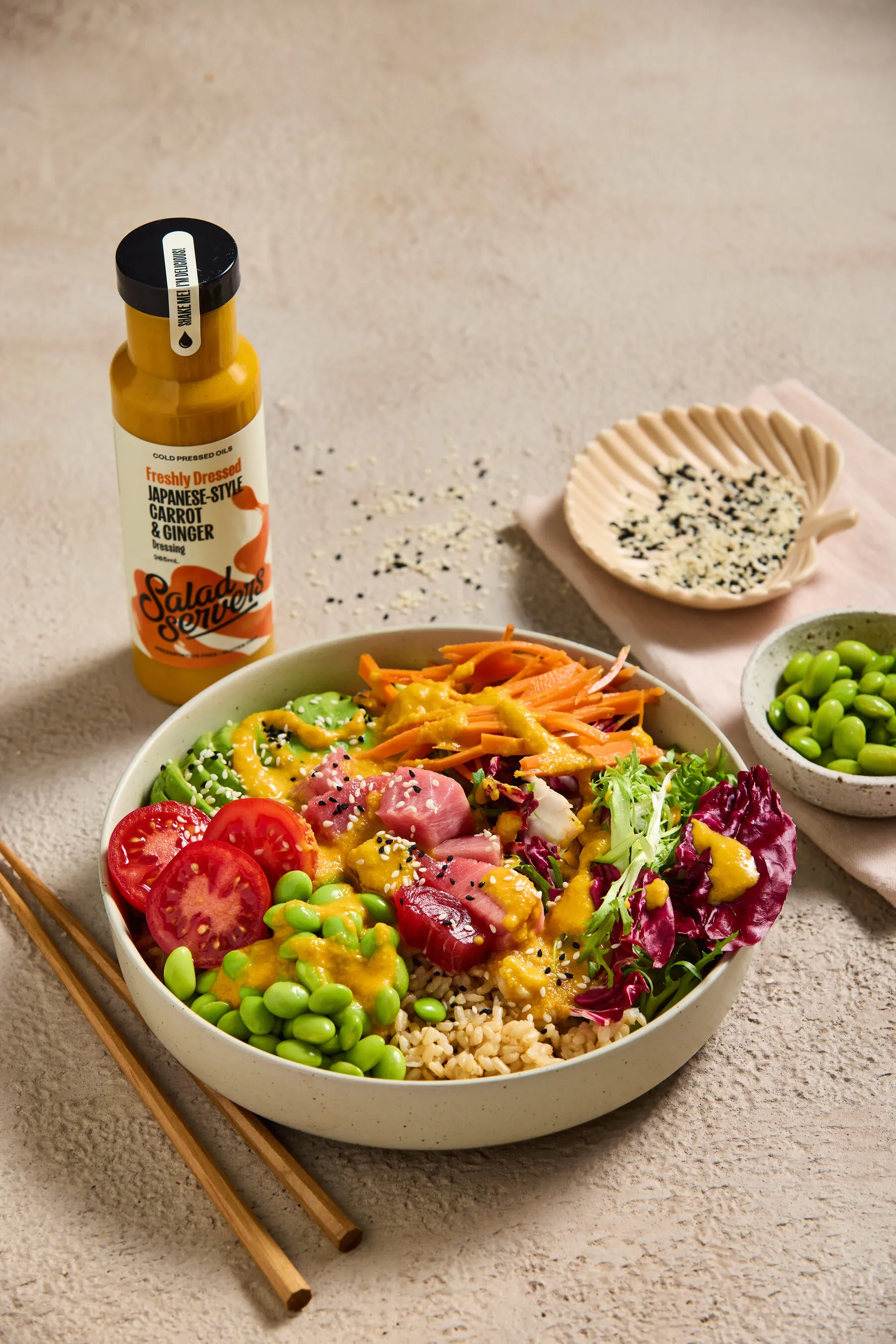 Japanese-Style Carrot & Ginger dressing drizzled over a fresh dish