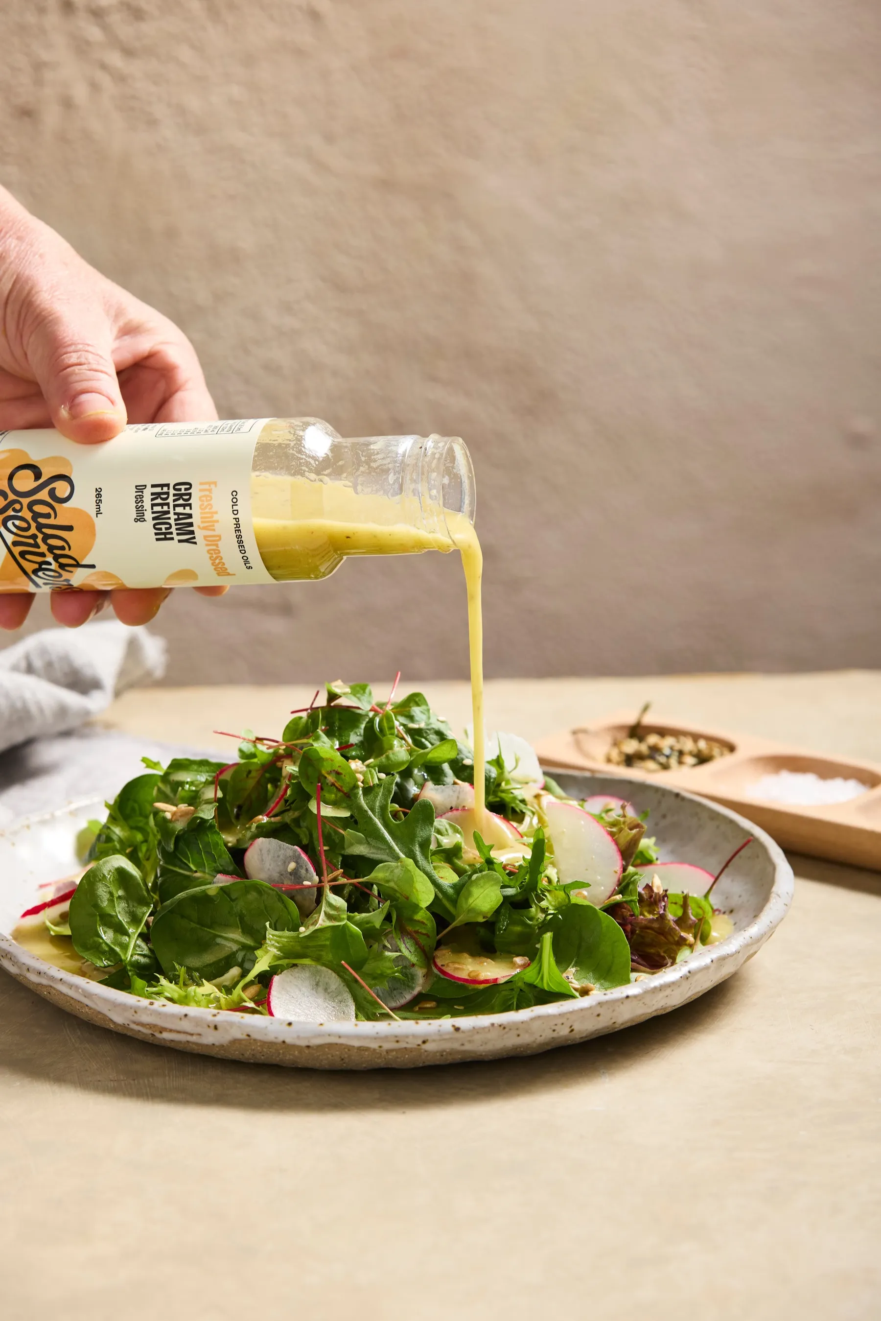 Creamy French dressing drizzled over a fresh dish