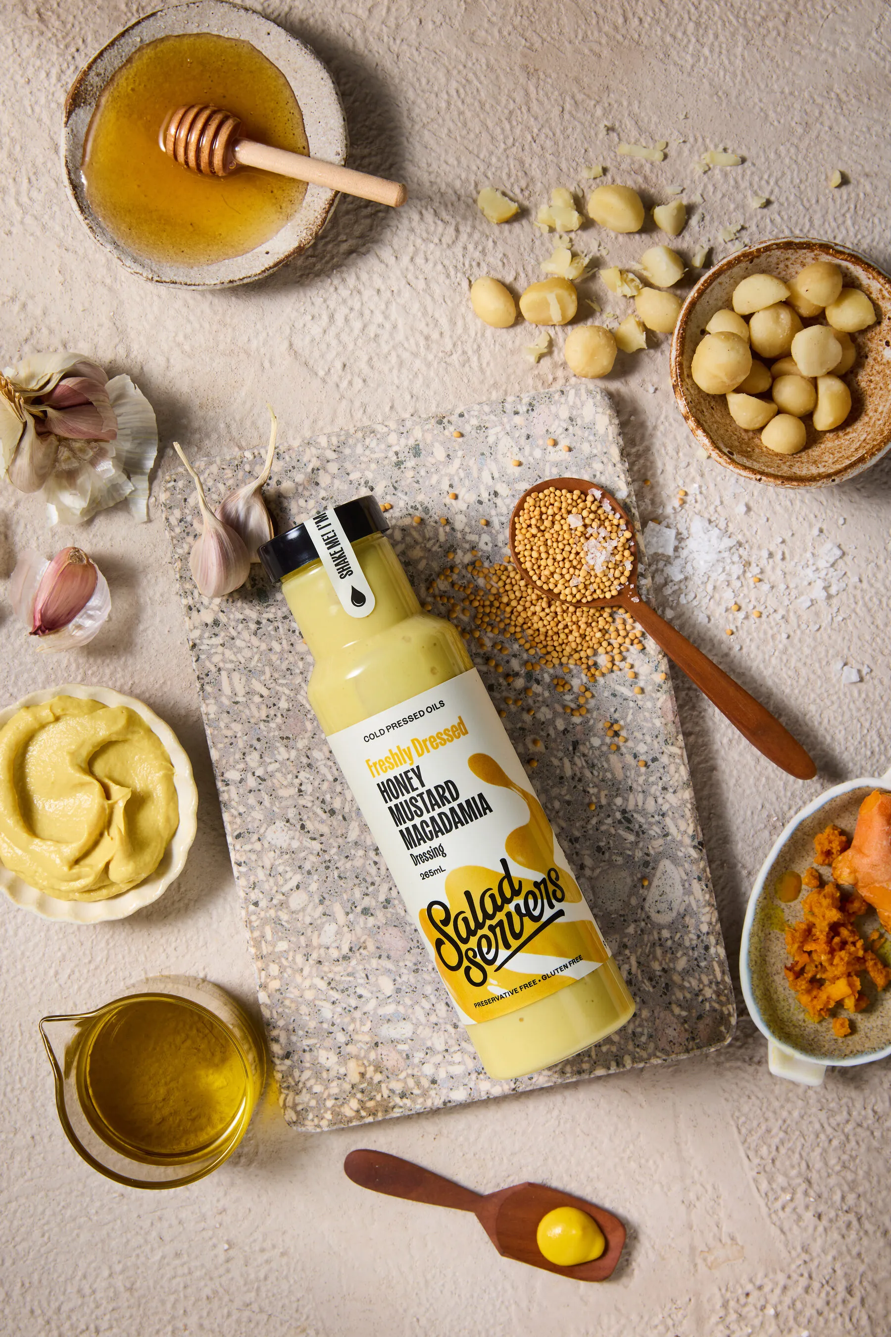 Honey Mustard Macadamia dressing drizzled over a fresh dish